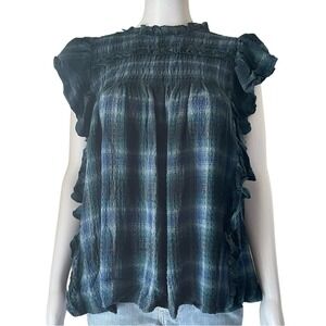 Free People Blue Plaid Ruffle Trimmed Short Sleeve Smocked Neckline Blouse XS